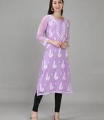 Mauve embroidered georgette chikankari-kurtis