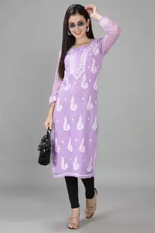 Mauve embroidered georgette chikankari-kurtis