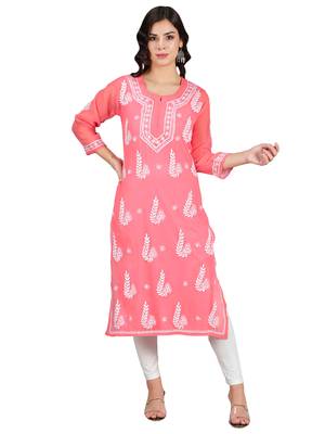 Pink embroidered georgette chikankari-kurtis 1