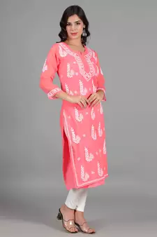 Pink embroidered georgette chikankari-kurtis