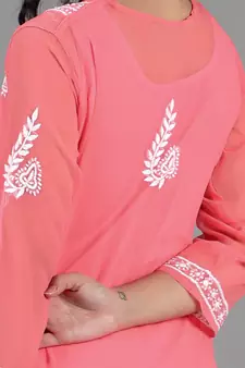 Pink embroidered georgette chikankari-kurtis