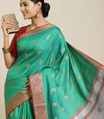 Turquoise woven banarasi silk saree with blouse