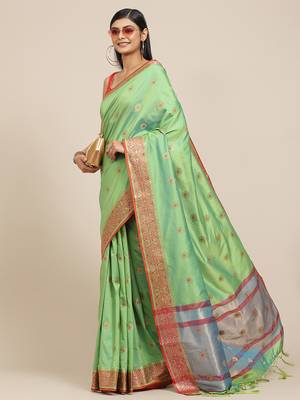 Parrot green woven banarasi silk saree with blouse 1