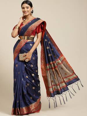 Navy blue woven banarasi silk saree with blouse 1