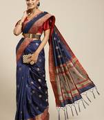 Navy blue woven banarasi silk saree with blouse