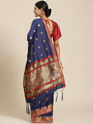 Navy blue woven banarasi silk saree with blouse 2
