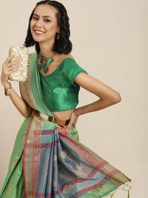 Parrot green woven banarasi silk saree with blouse 1