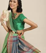 Parrot green woven banarasi silk saree with blouse