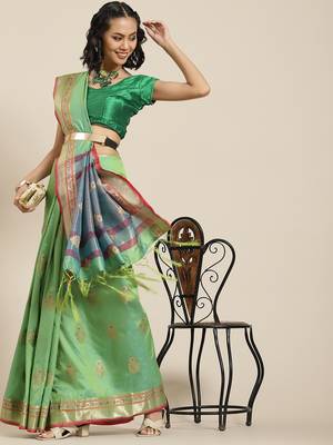 Parrot green woven banarasi silk saree with blouse 2