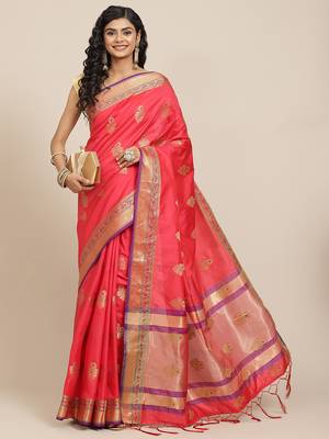 Pink woven banarasi silk saree with blouse 1