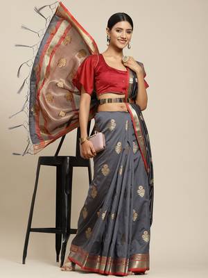 Grey woven banarasi silk saree with blouse 2