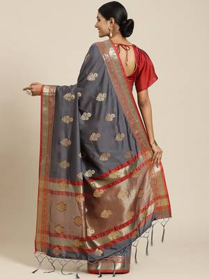 Grey woven banarasi silk saree with blouse 3
