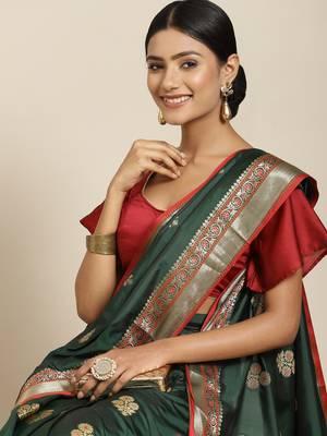 Green woven banarasi silk saree with blouse 1