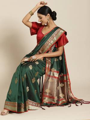 Green woven banarasi silk saree with blouse 2