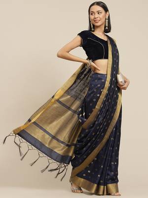 Navy blue woven cotton silk saree with blouse 1