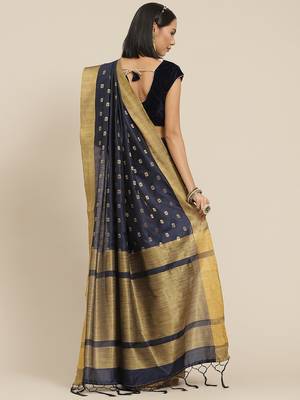 Navy blue woven cotton silk saree with blouse 2