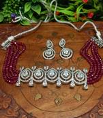 Red Indian Jewellery American Diamond White Polish Necklace Choker for Women Wedding