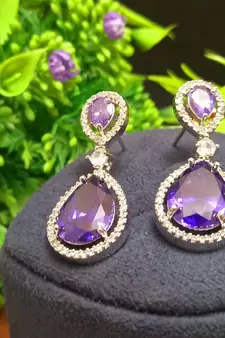 blue Indian Jewellery American Diamond Rose Polish Long Hangging Dangler Earrings for Women Wedding