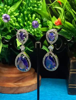 blue Indian Jewellery American Diamond Rose Polish Long Hangging Dangler Earrings for Women Wedding 3