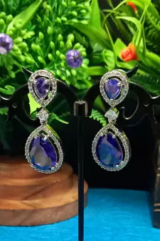 blue Indian Jewellery American Diamond Rose Polish Long Hangging Dangler Earrings for Women Wedding