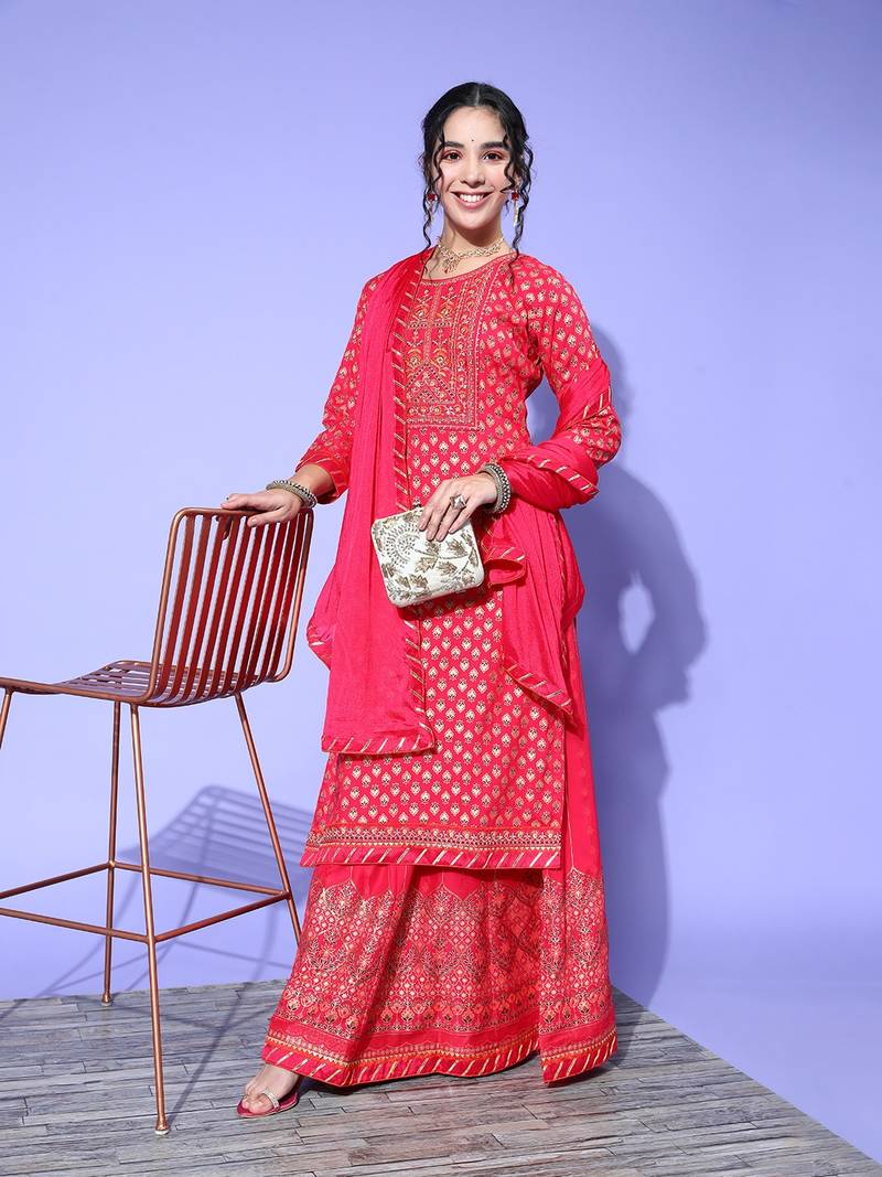 Ethnic Gold Printed Heavy Embroidered Red Kurti With Dupatta & Skirt