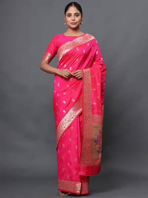 Pink woven banarasi silk saree with blouse 1