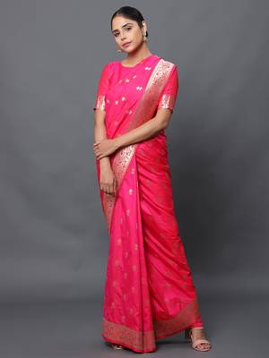 Pink woven banarasi silk saree with blouse 2