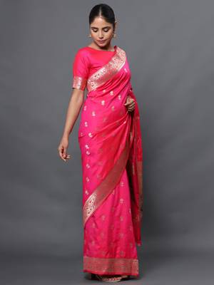 Pink woven banarasi silk saree with blouse 3