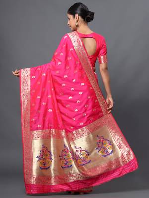 Pink woven banarasi silk saree with blouse 4