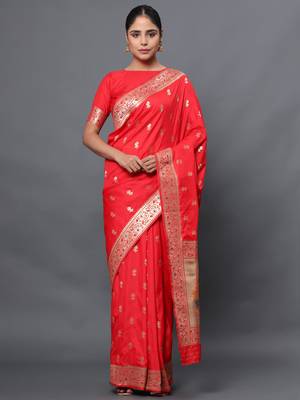 Red woven banarasi silk saree with blouse 1