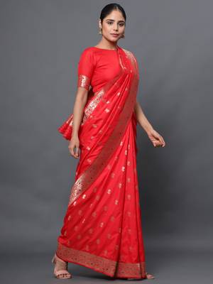 Red woven banarasi silk saree with blouse 2