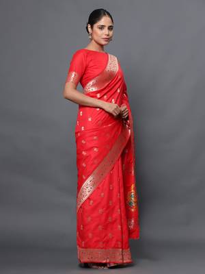 Red woven banarasi silk saree with blouse 3