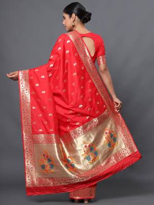 Red woven banarasi silk saree with blouse 4