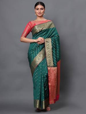 Dark green woven banarasi silk saree with blouse 1