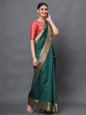 Dark green woven banarasi silk saree with blouse 2