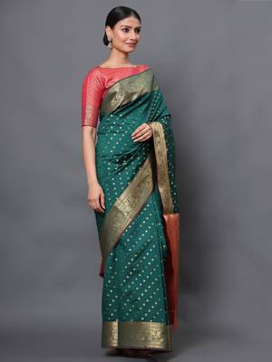 Dark green woven banarasi silk saree with blouse 3