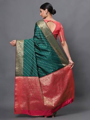 Dark green woven banarasi silk saree with blouse 4