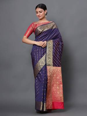 Navy blue woven banarasi silk saree with blouse 1
