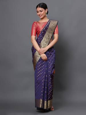Navy blue woven banarasi silk saree with blouse 2