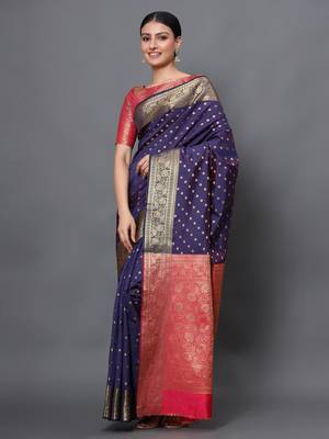 Navy blue woven banarasi silk saree with blouse 3