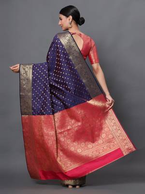 Navy blue woven banarasi silk saree with blouse 4