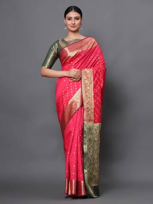 Pink woven banarasi silk saree with blouse 1