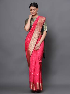 Pink woven banarasi silk saree with blouse 2