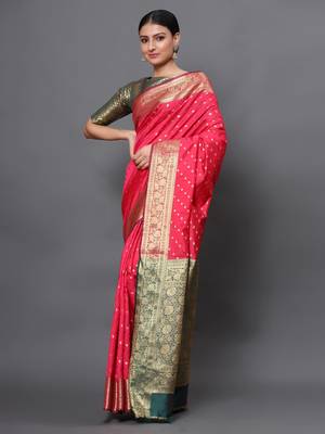 Pink woven banarasi silk saree with blouse 3