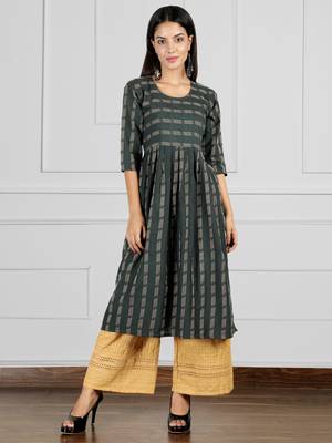Dark-green woven cotton ethnic-kurtis 1