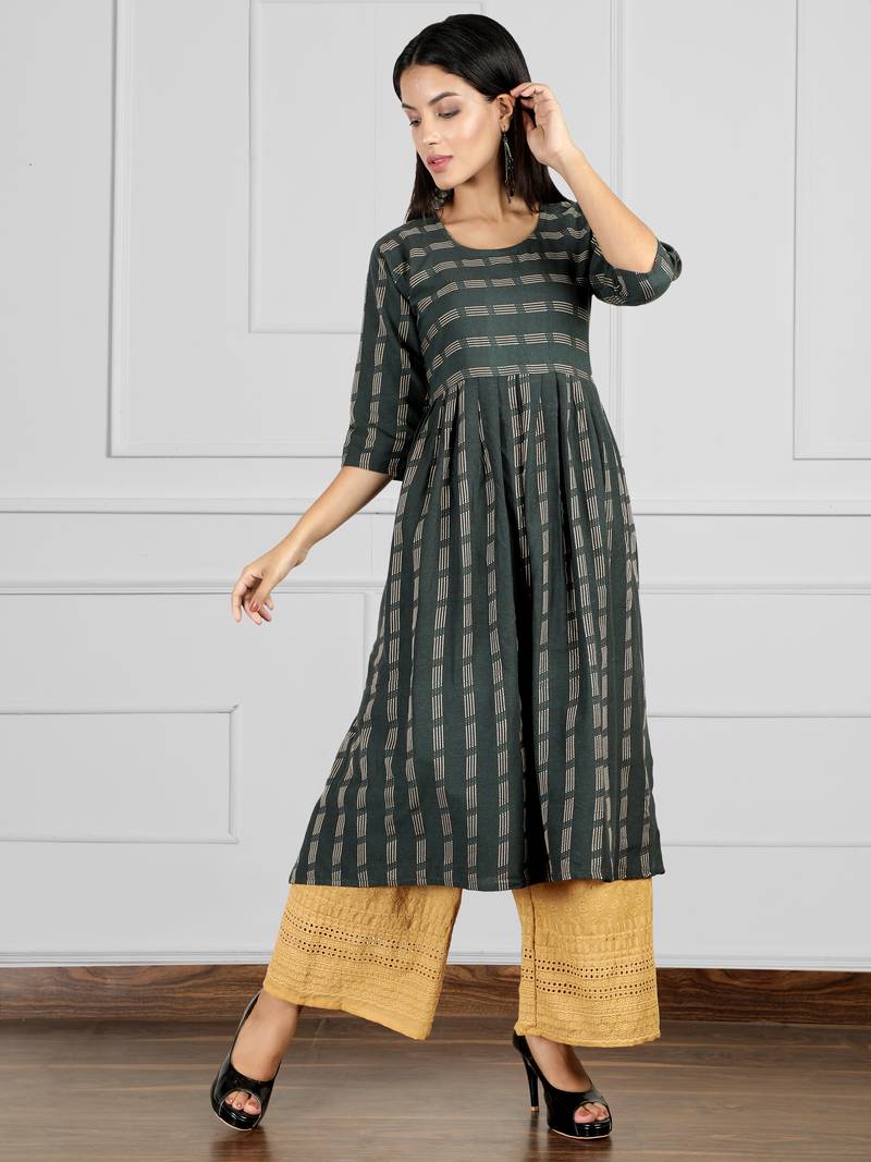 Dark-green woven cotton ethnic-kurtis