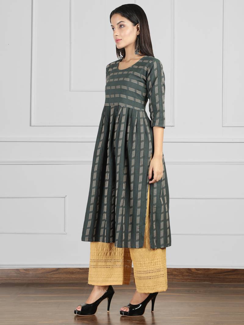Dark-green woven cotton ethnic-kurtis