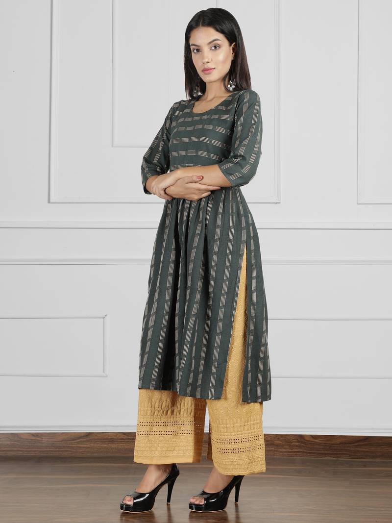 Dark-green woven cotton ethnic-kurtis