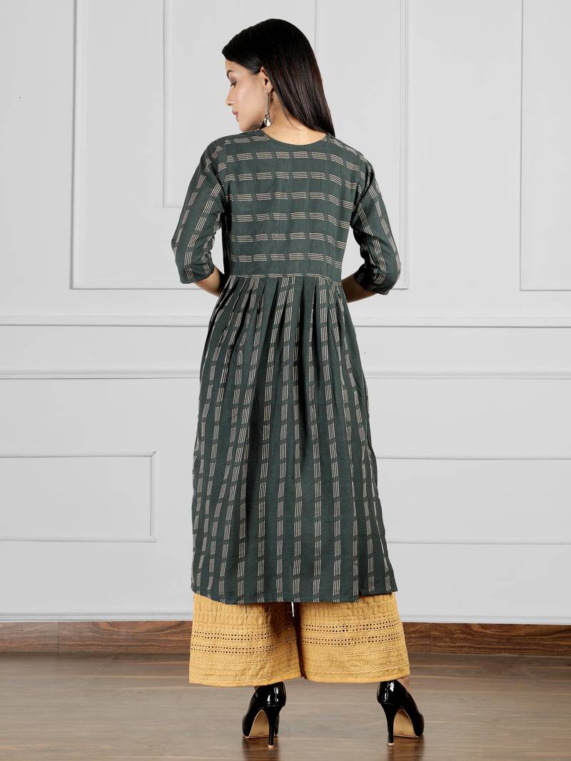 Dark-green woven cotton ethnic-kurtis