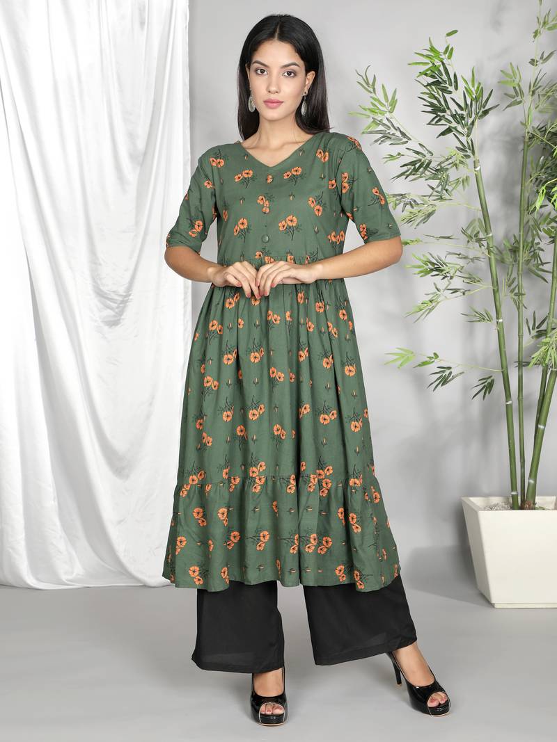Green printed cotton ethnic-kurtis